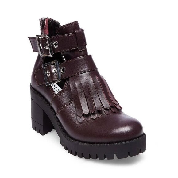 Steve Madden Tullia Burgundy Fringed Cut Out Heeled Ankle Boots 7 - Picture 1 of 9